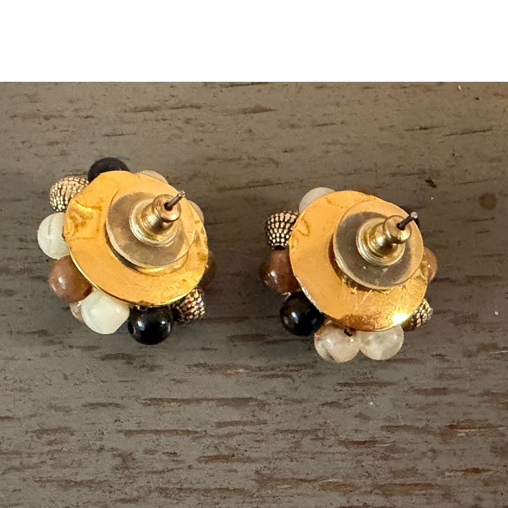 Vintage Multi Color Beaded Cluster Stud Earrings Gold Tone Neutral Earth Tones - Picture 2 of 3